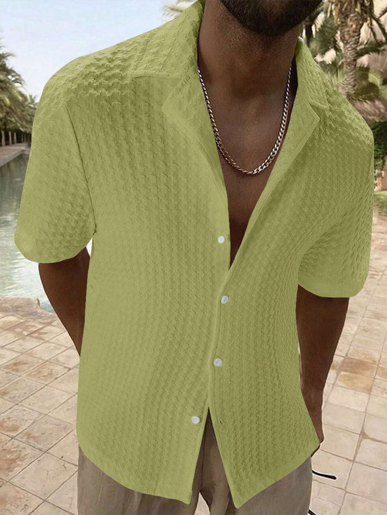 Manfinity Homme Men Solid Button up Short Sleeve Casual Plain Shirt for Boyfriend Gift