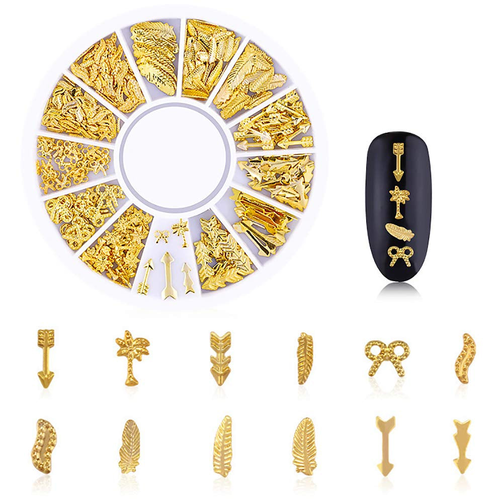 6-Box Set of Gold Nail Charms - 3D Metal Nail Art Decorations in Rose, Star, Moon, and Feather Shapes with Tweezers and Picker Pencil Tools