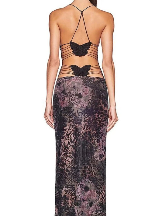 Summer Women Maxi Dress Sexy Halter Bandage Back Bufferfly Vestido Girls Maid Sweet V-Neck Hip Skirt Dancing Club Attire
