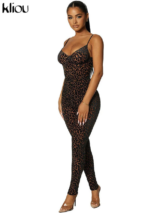 Flocking Mesh Jumpsuit Women Autumn Sexy Camis Leopard Patchwork Body-Shaping One Piece Clothing Midnight Attire Clubwear