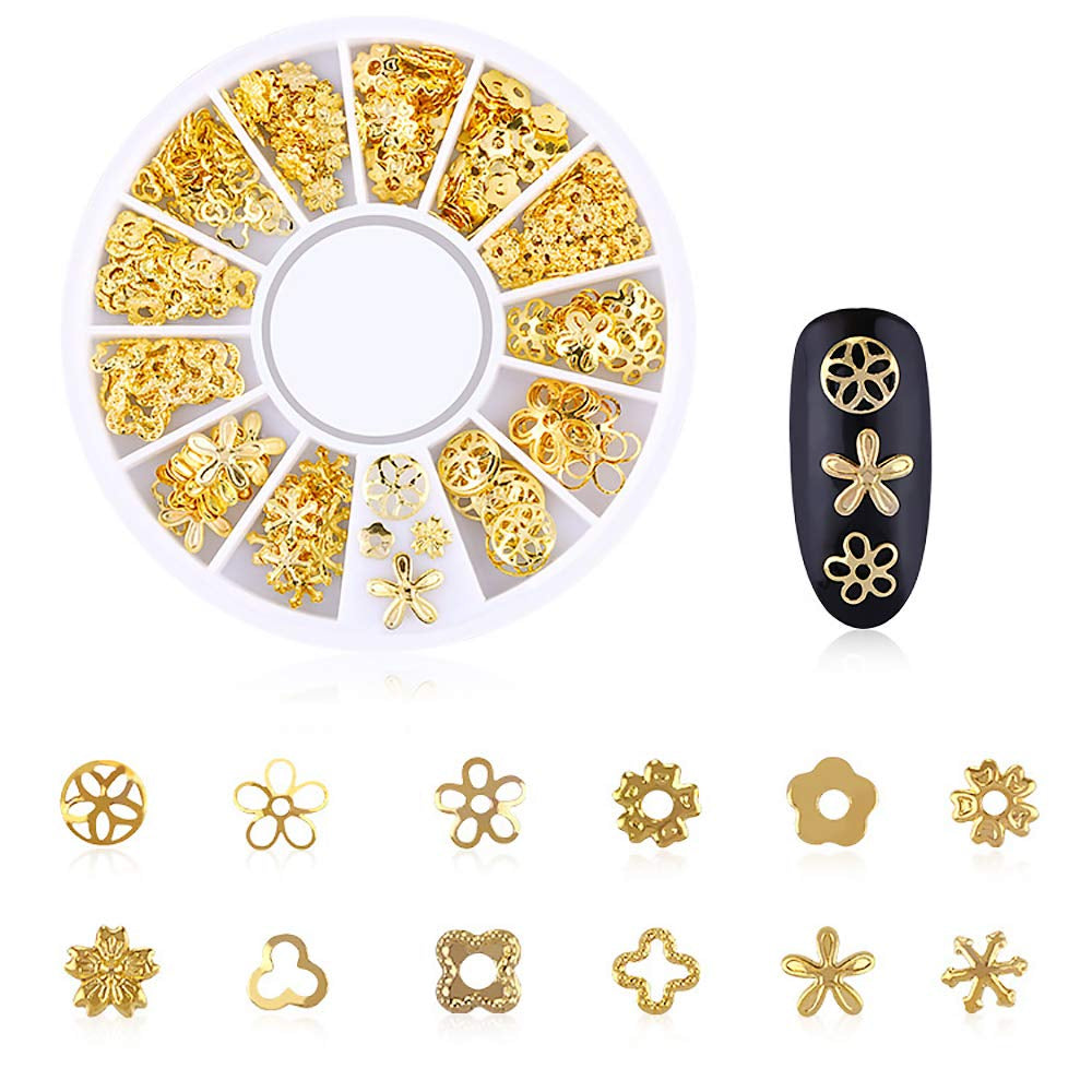 6-Box Set of Gold Nail Charms - 3D Metal Nail Art Decorations in Rose, Star, Moon, and Feather Shapes with Tweezers and Picker Pencil Tools