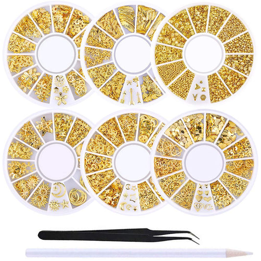 6-Box Set of Gold Nail Charms - 3D Metal Nail Art Decorations in Rose, Star, Moon, and Feather Shapes with Tweezers and Picker Pencil Tools