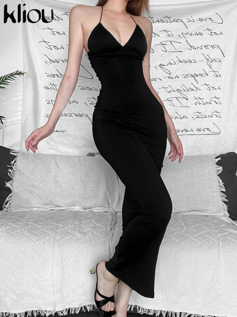Summer Women Maxi Dress Sexy Halter Bandage Back Bufferfly Vestido Girls Maid Sweet V-Neck Hip Skirt Dancing Club Attire
