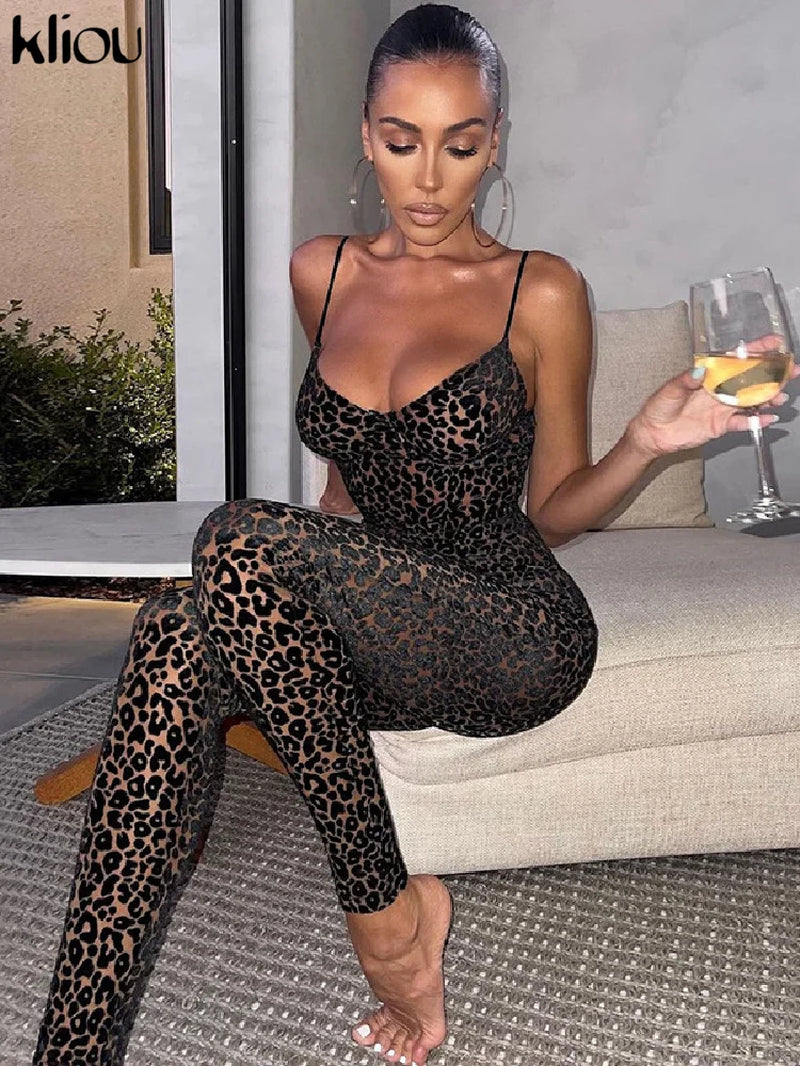 Flocking Mesh Jumpsuit Women Autumn Sexy Camis Leopard Patchwork Body-Shaping One Piece Clothing Midnight Attire Clubwear