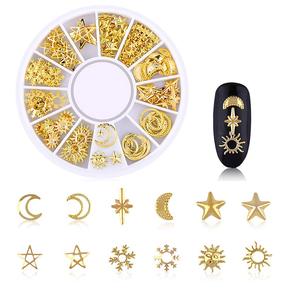 6-Box Set of Gold Nail Charms - 3D Metal Nail Art Decorations in Rose, Star, Moon, and Feather Shapes with Tweezers and Picker Pencil Tools