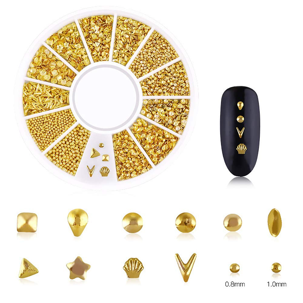 6-Box Set of Gold Nail Charms - 3D Metal Nail Art Decorations in Rose, Star, Moon, and Feather Shapes with Tweezers and Picker Pencil Tools