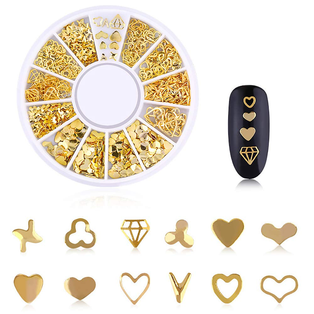 6-Box Set of Gold Nail Charms - 3D Metal Nail Art Decorations in Rose, Star, Moon, and Feather Shapes with Tweezers and Picker Pencil Tools