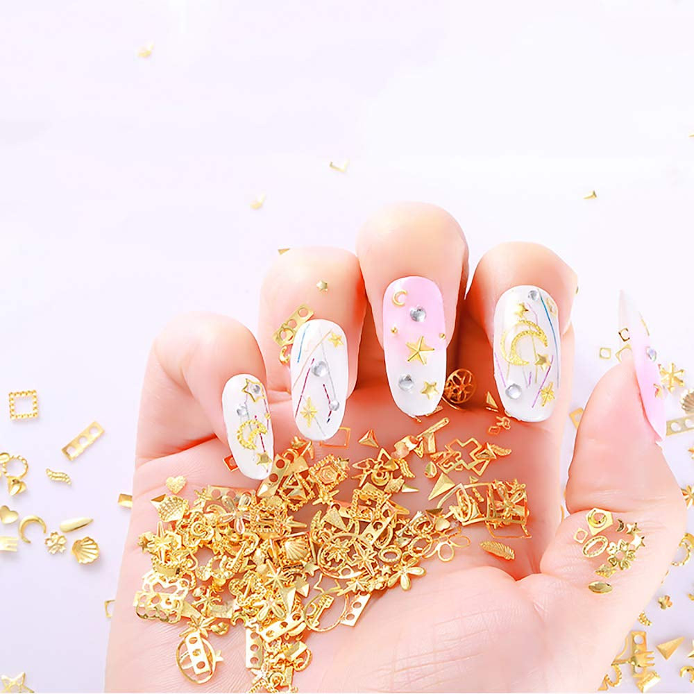 6-Box Set of Gold Nail Charms - 3D Metal Nail Art Decorations in Rose, Star, Moon, and Feather Shapes with Tweezers and Picker Pencil Tools