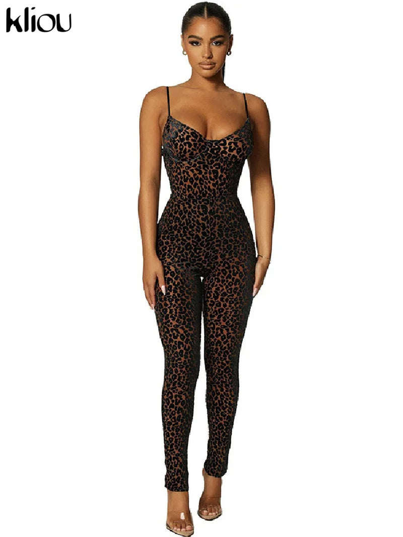 Flocking Mesh Jumpsuit Women Autumn Sexy Camis Leopard Patchwork Body-Shaping One Piece Clothing Midnight Attire Clubwear