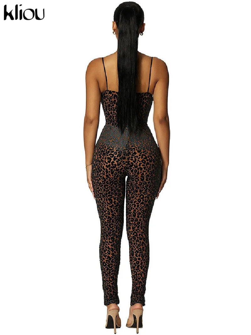 Flocking Mesh Jumpsuit Women Autumn Sexy Camis Leopard Patchwork Body-Shaping One Piece Clothing Midnight Attire Clubwear