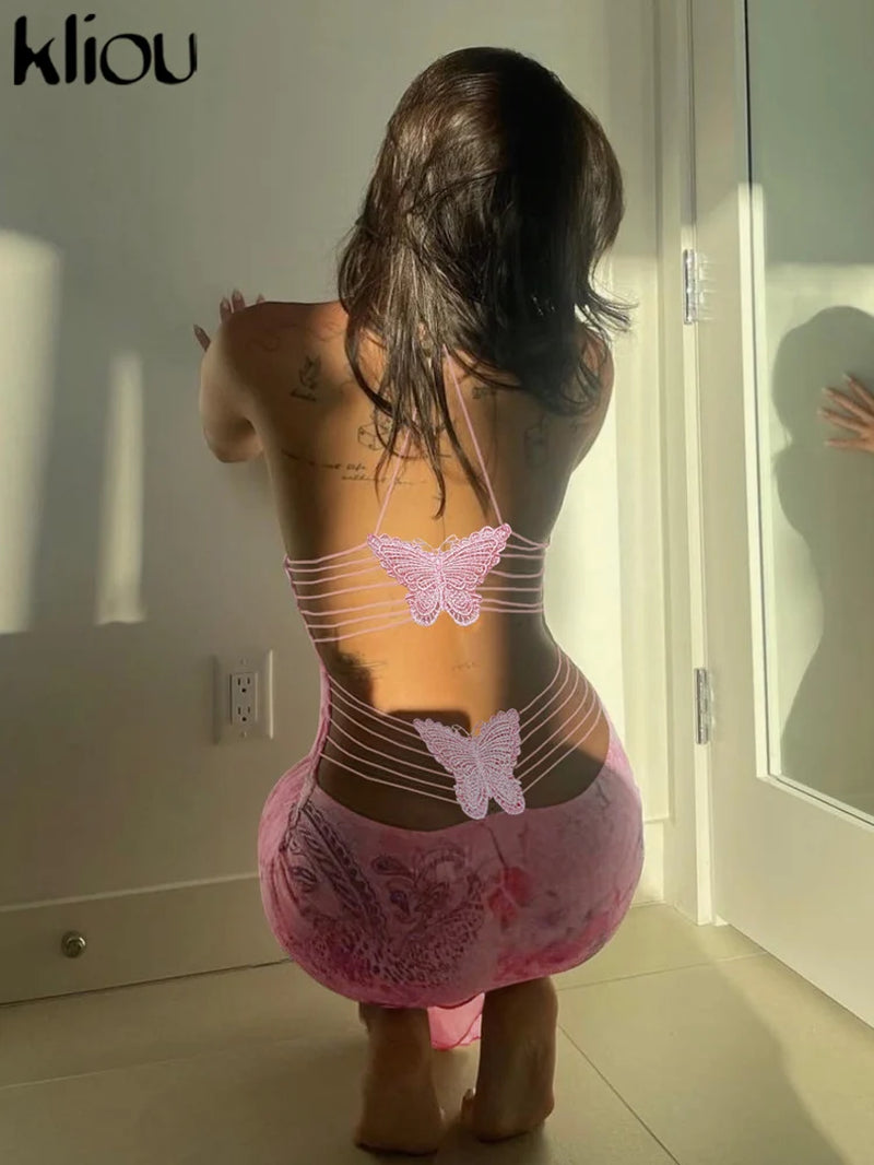 Summer Women Maxi Dress Sexy Halter Bandage Back Bufferfly Vestido Girls Maid Sweet V-Neck Hip Skirt Dancing Club Attire