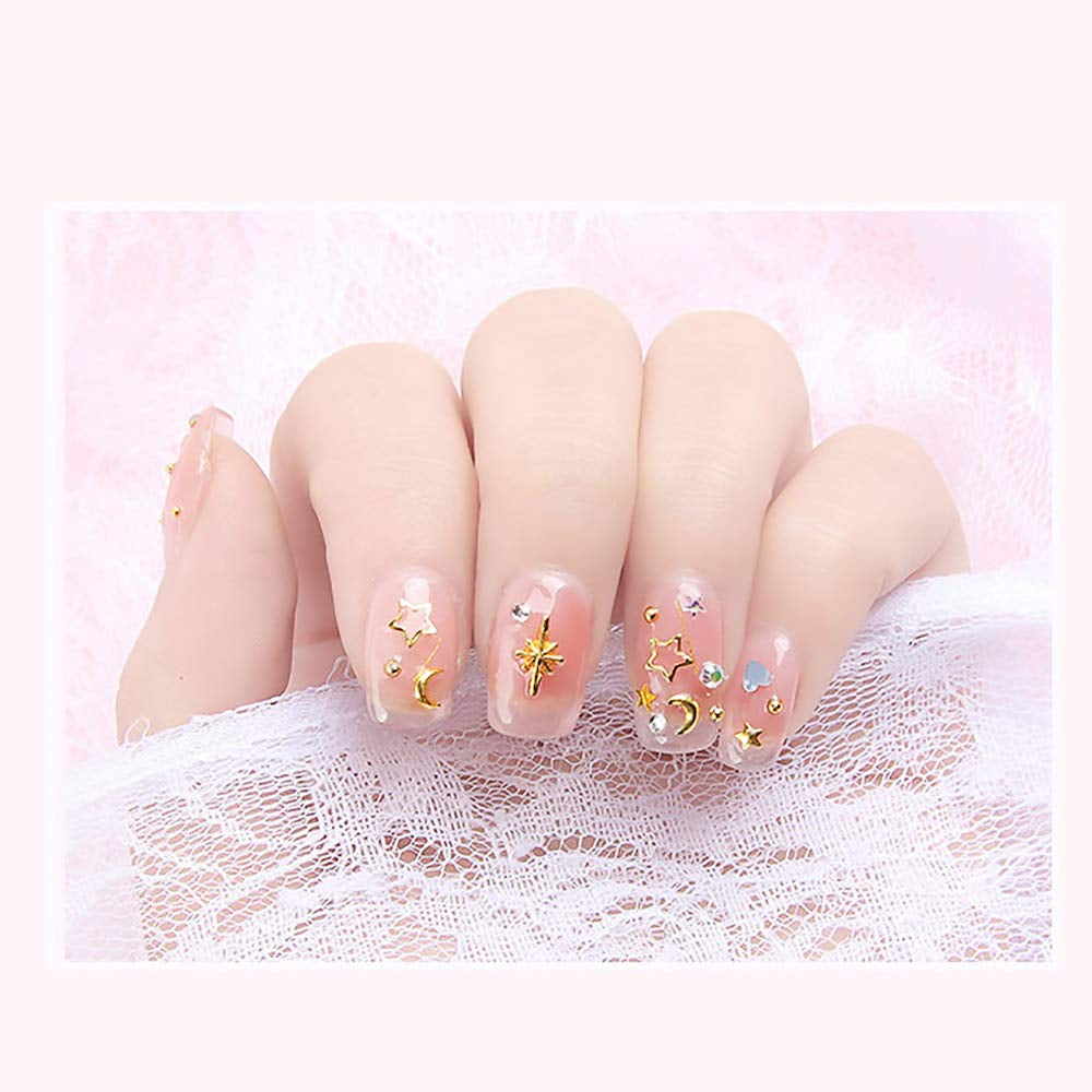 6-Box Set of Gold Nail Charms - 3D Metal Nail Art Decorations in Rose, Star, Moon, and Feather Shapes with Tweezers and Picker Pencil Tools