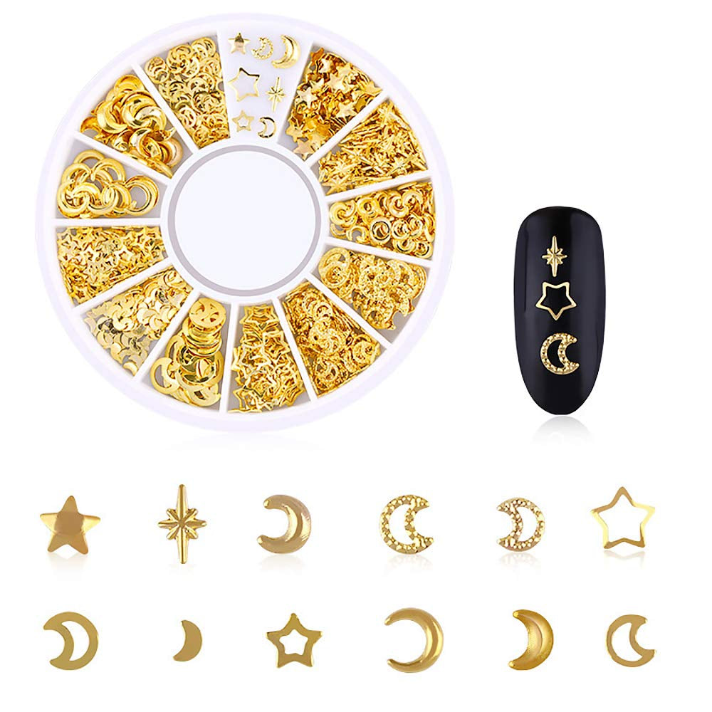 6-Box Set of Gold Nail Charms - 3D Metal Nail Art Decorations in Rose, Star, Moon, and Feather Shapes with Tweezers and Picker Pencil Tools